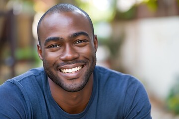Fototapeta premium Happy young African American man smiling confidently outdoors in casual attire.