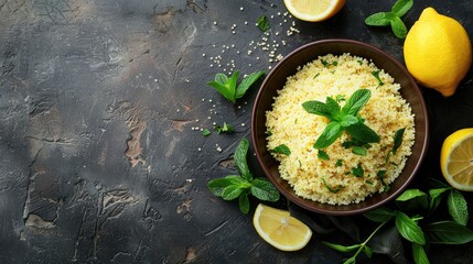 Couscous with mint and lemon on dark rustic table top view with space for text