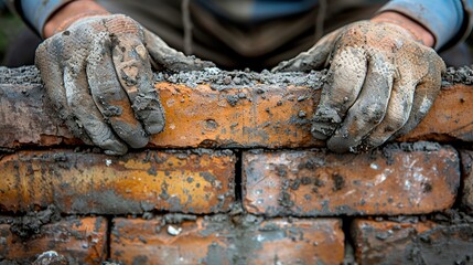This image focuses on gloved hands holding a single brick on a wall under construction, highlighting the accuracy and strength required in bricklaying and building solid structures.