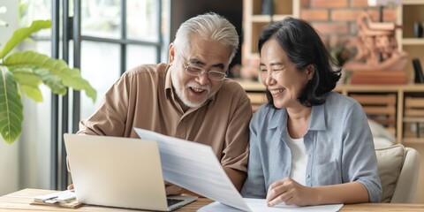 An elderly couple managing financial documents together at home with a laptop.