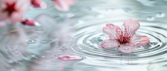 A close-up of cherry blossom petals floating on water ripples, creating a serene and tranquil nature scene.