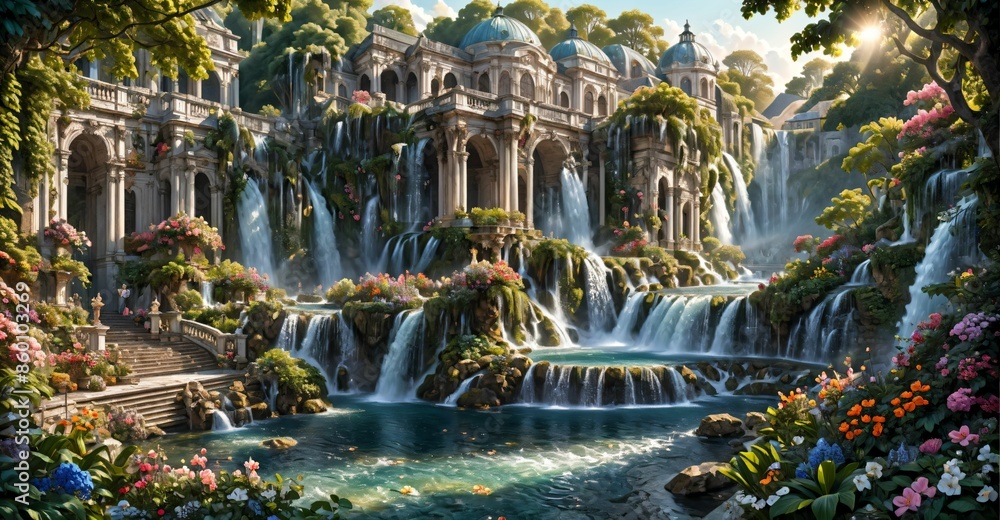Wall mural a beautiful paradise building land full of flowers, rivers and waterfalls, a blooming and magical id - Wall murals