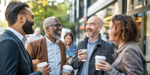 A joyful group of adults enjoying outdoor drinks in the city together.