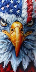 Fototapeta premium Close-up of a bald eagle with American flag feathers, representing patriotism, freedom, and strength.
