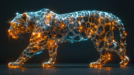 Fototapeta premium A futuristic depiction of a leopard interwoven with digital light patterns and networks. The image emphasizes the fusion of nature and advanced technology.