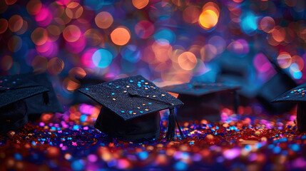 Obraz premium A vibrant image featuring graduation caps adorned with confetti against a colorful bokeh background, symbolizing celebration and achievement.