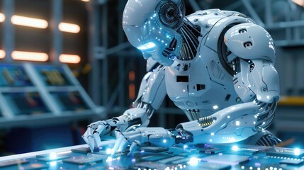 Fototapeta premium Robot crafting intricate circuits, holographic overlays, metallic blue, photorealistic, tech-focused