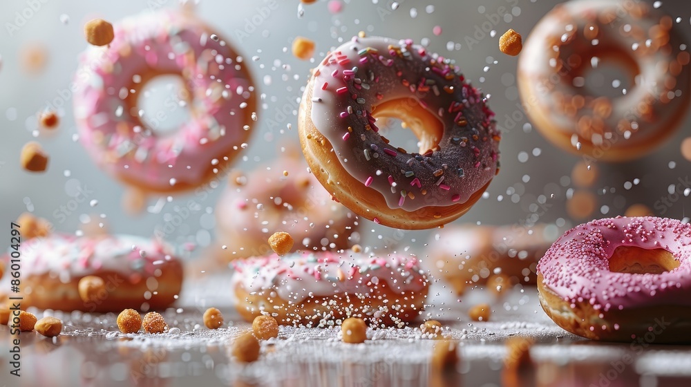Poster A delightful image showcasing assorted donuts with a variety of colorful sprinkles and toppings, dynamically floating in the air, evoking a sense of fun, creativity, and culinary art.