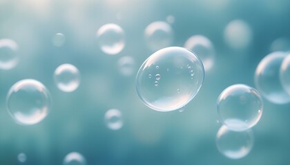 Whimsical, translucent blue bubbles drifting through a magical, pastel-colored landscape