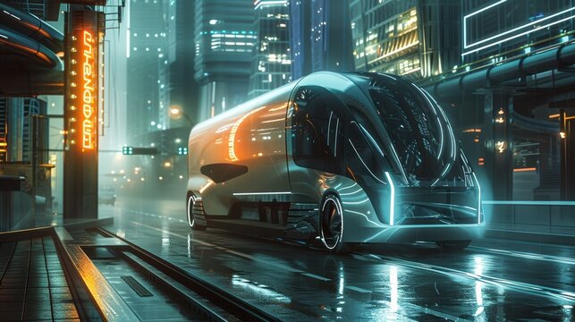 Fototapeta A futuristic cityscape with a large white vehicle driving down a wet street