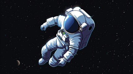Fototapeta premium A cartoon astronaut floating in space with a planet in the background.