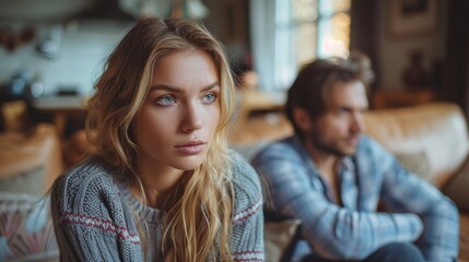 A woman sits indoors, glancing thoughtfully in a cozy sweater; the warm interior suggests a contemplative mood, showcasing introspection and quiet personal moments.