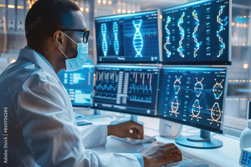 Poster professional scientist looking patient data chart while analyzing data. skilled smart medical resear