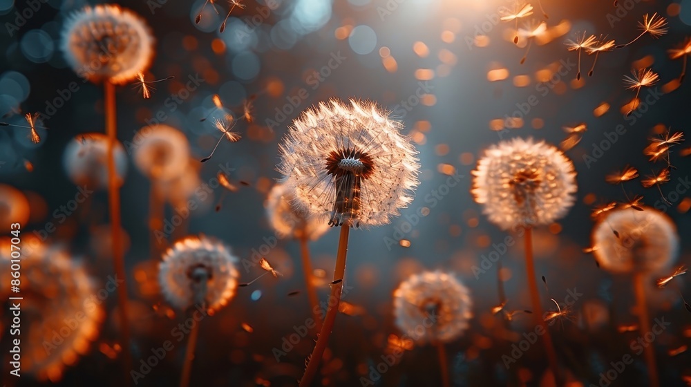 Poster a scene of multiple dandelions glowing softly with their seeds being dispersed in the warm twilight,