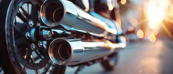 Close-up of a motorcycle exhaust pipe with the sunset in the background, capturing the details in high definition.