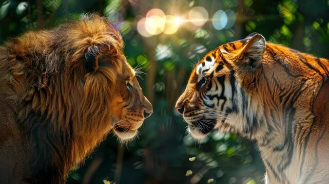 lion versus tiger, head face to face in jungle video background looping 4k 