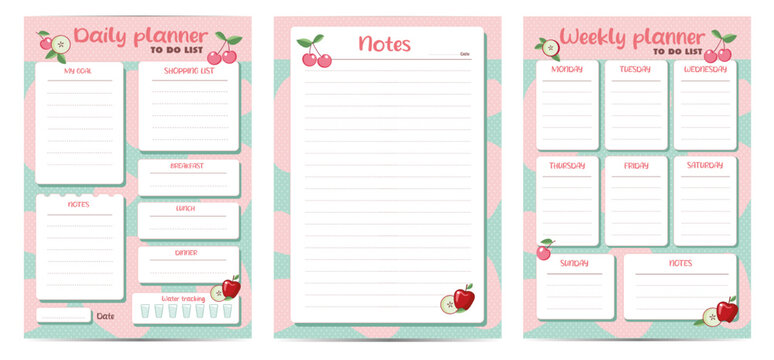 Weekly and daily Planner set, template, note paper, weekly schedule, organiser, vector