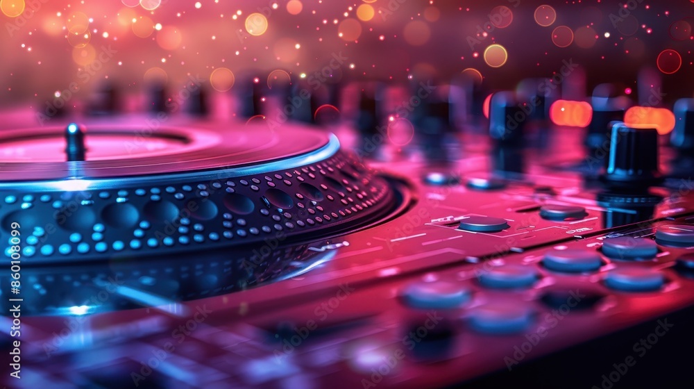 Poster close-up of a dj turntable illuminated by vibrant led lights with a colorful bokeh backdrop, creatin