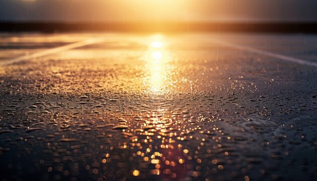 Close-up of a wet surface reflecting a beautiful sunset over the horizon, creating a serene and peaceful atmosphere.