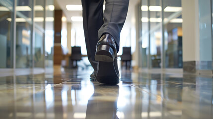 Fototapeta premium A closeup shot of the feet and shoes from an office worker walking in business attire, with modern glass walls in the background