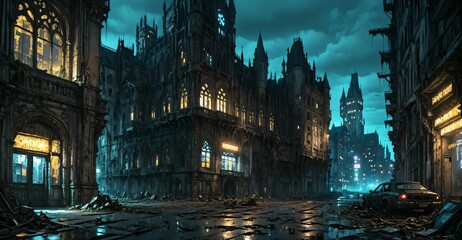 Obraz premium gothic castle medieval palace on city street at night. dystopian architecture downtown building with urban puddle reflections.