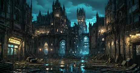 Fototapeta premium gothic castle medieval palace on city street at night. dystopian architecture downtown building with urban puddle reflections.