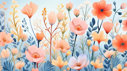 Beautiful floral illustration with orange and blue flowers and green leaves on a beige background.