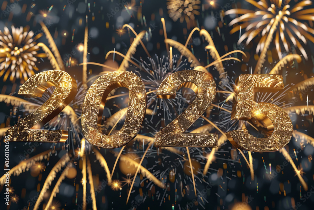 Poster a fireworks display with the number twenty-five written in gold letters
