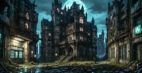 Fototapeta premium gothic castle medieval palace on city street at night. dystopian architecture downtown building with urban puddle reflections.