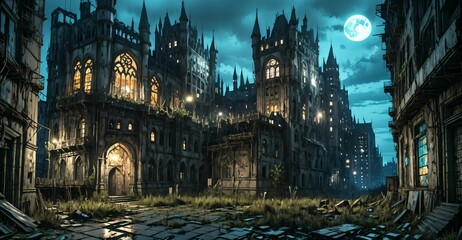 Fototapeta premium gothic castle medieval palace on city street at night. dystopian architecture downtown building with urban puddle reflections.