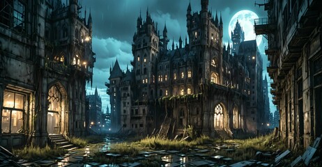 Fototapeta premium gothic castle medieval palace on city street at night. dystopian architecture downtown building with urban puddle reflections.