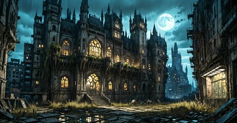 Fototapeta premium gothic castle medieval palace on city street at night. dystopian architecture downtown building with urban puddle reflections.