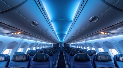 Fototapeta premium A wide-angle view of an empty airplane interior illuminated with calming blue lights, showcasing the modern design and comfortable seating arrangements.