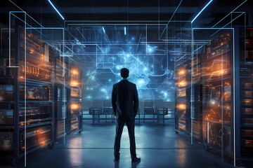 Fototapeta premium Cutting-edge Vision: Tech Guru in Futuristic Data Center Utilizing Laptop Amidst Warehouse, Streamlined Digitalization with Server-Based Information. SAAS, Cloud Computing, Web Service Empowered.