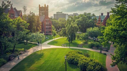 Obraz premium Tranquil Campus Scene with Sun-Drenched Greenery