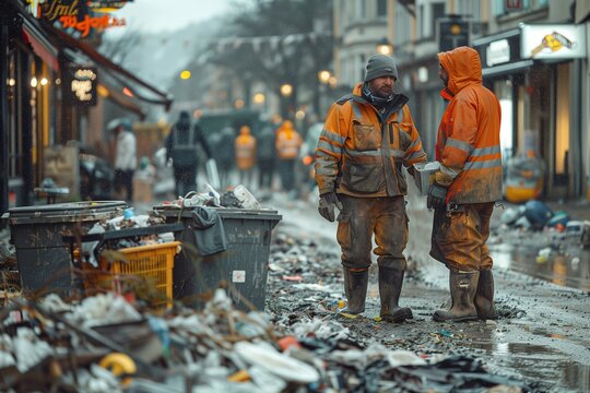 Urban Waste Collectors Emptying Trash Bins