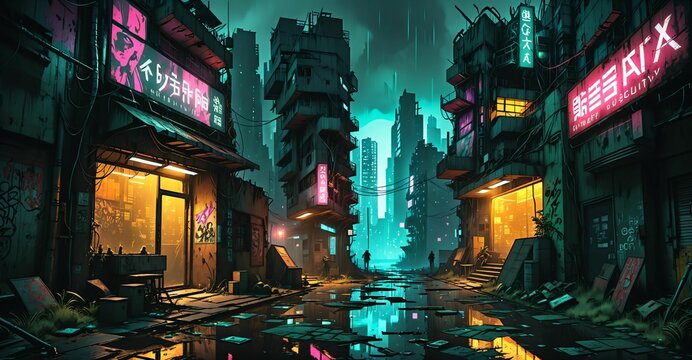 cyberpunk city buildings sci fi futuristic wasteland cyber slums at night. neon signs dystopian town ghetto urban downtown business and houses night life.