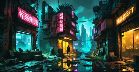 Obraz premium cyberpunk city buildings sci fi futuristic wasteland cyber slums at night. neon signs dystopian town ghetto urban downtown business and houses night life.