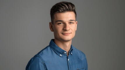 Obraz premium Confident young man in blue shirt headshot
