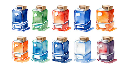 Drawings of a set of colorful glass bottle packaging, watercolor painting style. has a transparent background.