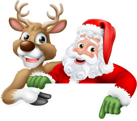 Cartoon Santa Claus or Father Christmas and his reindeer peeking over a sign and pointing