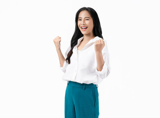 Smiling cheerful Asian girl standing and Raise your hand with enjoys freedom on white background.