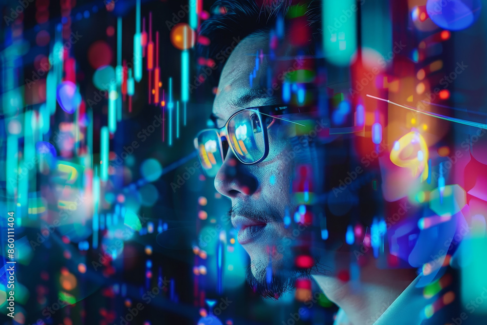 Poster concept of focus and concentration as the man studies the data on the screen