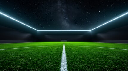 Obraz premium Nighttime view of an empty soccer field, lush green grass illuminated by colorful lights, clear starry sky overhead. Scene set for 2024 championship tournaments and league matches