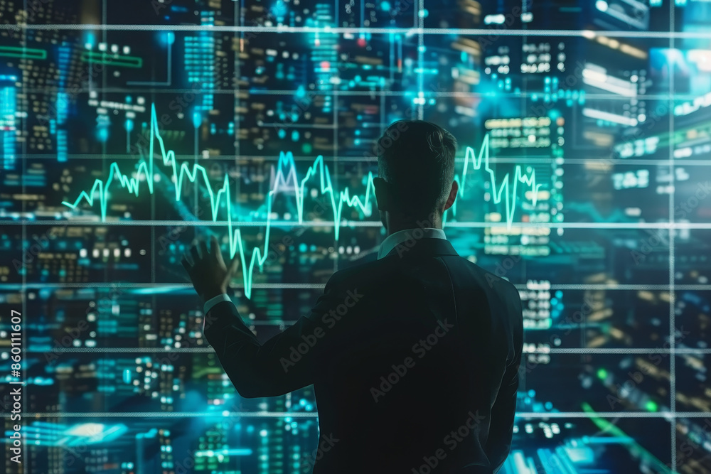 Poster a man is standing in front of a computer screen with a green line on it
