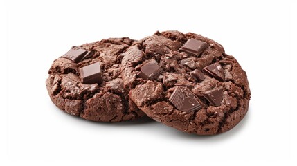 Pair of double chocolate cookies, each filled with chocolate pieces, set against a white background, highlighting their deliciously rich appearance