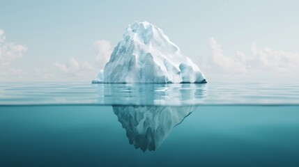 Stunning iceberg floating in the ocean, revealing its massive hidden structure underwater, showcasing nature's beauty and mystery, crystal-clear water, dramatic lighting, 8k