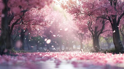 Beautiful cherry blossom trees in full bloom with petals falling gently. A magical, scenic view of nature's pink springtime beauty.
