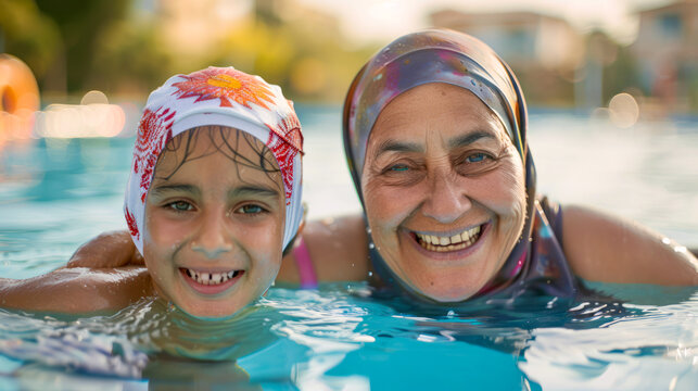 Happy grandmother and granddaughter enjoying a swim together in a pool, smiling and creating a heartwarming family moment.