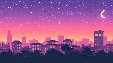 Fototapeta premium Nighttime Cityscape with Starry Sky and Crescent Moon